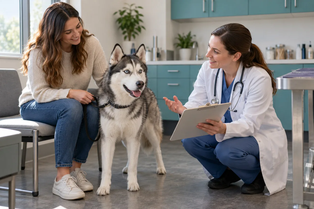 Dog and owner in conversation with a veterinarian in a clinic