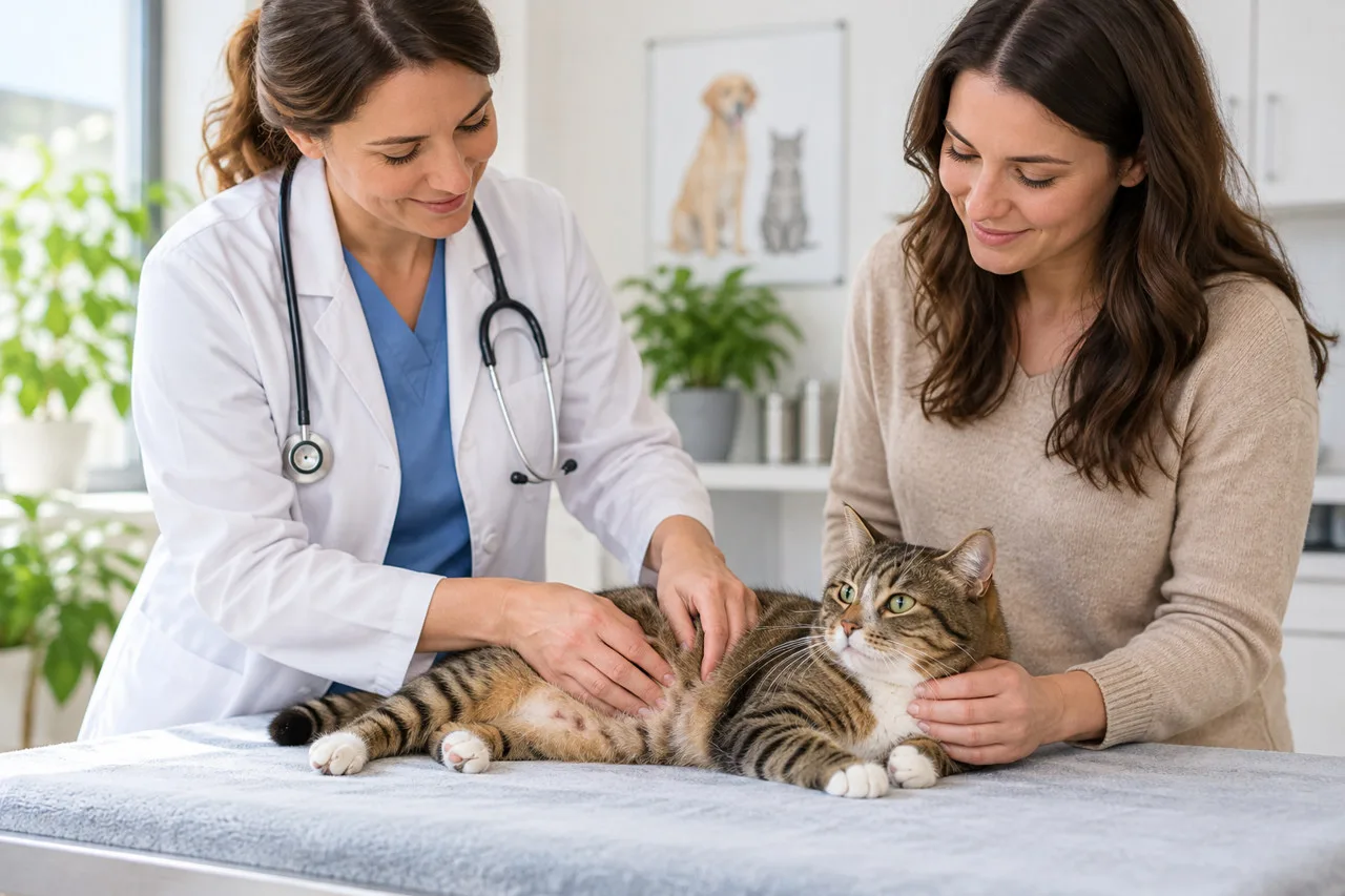 Veterinarian examining a cat while an owner observes